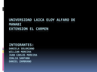 UNIVERSIDAD LAICA ELOY ALFARO DE MANABI EXTENSION EL CARMENINTEGRANTES:DANIELA SOLORZANOWILLIAN MOREIRAJUAN CARLOS MOREIRAIDALIA SANTANADANIEL ZAMBRANO 