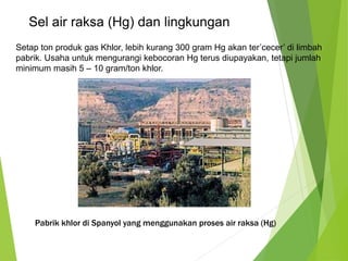 Sel air raksa (Hg) dan lingkungan 
Setap ton produk gas Khlor, lebih kurang 300 gram Hg akan ter’cecer’ di limbah 
pabrik. Usaha untuk mengurangi kebocoran Hg terus diupayakan, tetapi jumlah 
minimum masih 5 – 10 gram/ton khlor. 
Pabrik khlor di Spanyol yang menggunakan proses air raksa (Hg) 
 