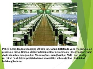 Pabrik Khlor dengan kapasitas 70 000 ton/tahun di Belanda yang menggunakan 
proses air raksa. Bejana silinder adalah reaktor dekomposisi (decomposer), yang 
dialiri air untuk menguraikan Na-amalgam, menghasilkan NaOH dan gas H2. 
Air raksa hasil dekomposisi dialirkan kembali ke sel elektrolisa ( terletak di 
belakang bejana). 
 