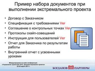 Пример набора документов при выполнении экстремального проекта Международная он-лайн конференция  «Управление проектами 20 1 2. Документирование проекта» 22-24 марта 2011 г Договор с Заказчиком Спецификация с требованиями  Ver Соглашение о контрольных точках   Ver   Протоколы скайп-совещаний Инструкция для пользователей   Ver Отчет для Заказчика по результатам работы Внутренний отчет с усвоенными уроками 