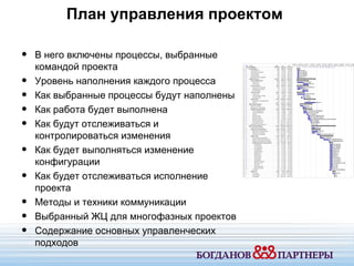 В него включены процессы ,  выбранные командой проекта Уровень наполнения каждого процесса Как выбранные процессы будут наполнены Как работа будет выполнена Как будут отслеживаться и контролироваться изменения Как будет выполняться изменение конфигурации Как будет отслеживаться исполнение проекта Методы и техники коммуникации Выбранный ЖЦ для многофазных проектов Содержание основных управленческих подходов План управления проектом   
