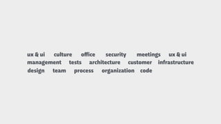 codedesign processteam
management
organization
tests customer
ux & ui culture oﬀice
architecture infrastructure
ux & uimeetingssecurity
 