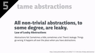 5 tame abstractions
All non-trivial abstractions, to
some degree, are leaky.
Abstractions fail. Sometimes a li!le, sometimes a lot. There’s leakage. Things
go wrong. It happens all over the place when you have abstractions.
https://www.joelonsoftware.com/2002/11/11/the-law-of-leaky-abstractions/
Law of Leaky Abstractions
 