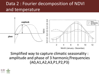 Data 2 : Fourier decomposition of NDVI
and temperature
Simplified way to capture climatic seasonality :
amplitude and phase of 3 harmonic/frequencies
(A0,A1,A2,A3,P1,P2,P3)
 