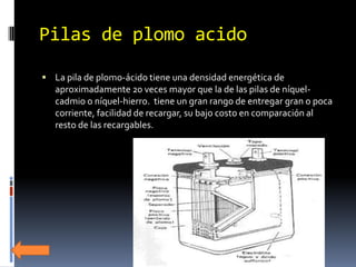 Pilas de plomo acido

 La pila de plomo-ácido tiene una densidad energética de
   aproximadamente 20 veces mayor que la de las pilas de níquel-
   cadmio o níquel-hierro. tiene un gran rango de entregar gran o poca
   corriente, facilidad de recargar, su bajo costo en comparación al
   resto de las recargables.
 