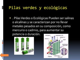 Pilas verdes y ecológicas

 . Pilas Verdes o Ecológicas Pueden ser salinas
  o alcalinas y se caracterizan por no llevar
  metales pesados en su composición, como
  mercurio o cadmio, para aumentar su
  potencia o duración.
 