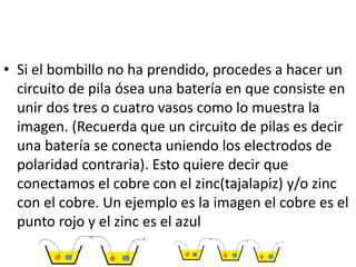 • Si el bombillo no ha prendido, procedes a hacer un
circuito de pila ósea una batería en que consiste en
unir dos tres o cuatro vasos como lo muestra la
imagen. (Recuerda que un circuito de pilas es decir
una batería se conecta uniendo los electrodos de
polaridad contraria). Esto quiere decir que
conectamos el cobre con el zinc(tajalapiz) y/o zinc
con el cobre. Un ejemplo es la imagen el cobre es el
punto rojo y el zinc es el azul
 