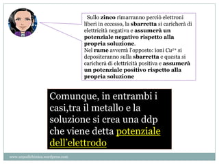 . Sullo zinco rimarranno perciò elettroni
liberi in eccesso, la sbarretta si caricherà di
elettricità negativa e assumerà un
potenziale negativo rispetto alla
propria soluzione.
Nel rame avverrà l’opposto: ioni Cu2+ si
depositeranno sulla sbarretta e questa si
caricherà di elettricità positiva e assumerà
un potenziale positivo rispetto alla
propria soluzione
Comunque, in entrambi i
casi,tra il metallo e la
soluzione si crea una ddp
che viene detta potenziale
dell’elettrodo
www.unpodichimica.wordpress.com
 