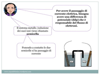 Per avere il passaggio di
corrente elettrica, bisogna
avere una differenza di
potenziale (ddp) che è
responsabile del flusso di
elettroni.
Il sistema metallo /soluzione
dei suoi ioni viene chiamato
semicella
Ponendo a contatto le due
semicelle si ha passaggio di
corrente
www.unpodichimica.wordpress.com
 