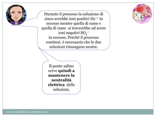 Durante il processo la soluzione di
zinco avrebbe ioni positivi Zn++ in
eccesso mentre quella di rame e
quella di rame si troverebbe ad avere
ioni negativi SO4
--
in eccesso. Perché il processo
continui. è necessario che le due
soluzioni rimangano neutre.
Il ponte salino
serve quindi a
mantenere la
neutralità
elettrica delle
soluzioni,
www.unpodichimica.wordpress.com
 