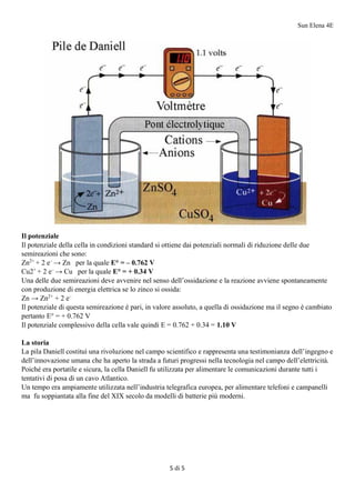 Sun Elena 4E
5 di 5
Il potenziale
Il potenziale della cella in condizioni standard si ottiene dai potenziali normali di riduzione delle due
semireazioni che sono:
Zn2+
+ 2 e–
→ Zn per la quale E° = – 0.762 V
Cu2+
+ 2 e–
→ Cu per la quale E° = + 0.34 V
Una delle due semireazioni deve avvenire nel senso dell’ossidazione e la reazione avviene spontaneamente
con produzione di energia elettrica se lo zinco si ossida:
Zn → Zn2+
+ 2 e–
Il potenziale di questa semireazione è pari, in valore assoluto, a quella di ossidazione ma il segno è cambiato
pertanto E° = + 0.762 V
Il potenziale complessivo della cella vale quindi E = 0.762 + 0.34 = 1.10 V
La storia
La pila Daniell costituì una rivoluzione nel campo scientifico e rappresenta una testimonianza dell’ingegno e
dell’innovazione umana che ha aperto la strada a futuri progressi nella tecnologia nel campo dell’elettricità.
Poiché era portatile e sicura, la cella Daniell fu utilizzata per alimentare le comunicazioni durante tutti i
tentativi di posa di un cavo Atlantico.
Un tempo era ampiamente utilizzata nell’industria telegrafica europea, per alimentare telefoni e campanelli
ma fu soppiantata alla fine del XIX secolo da modelli di batterie più moderni.
 