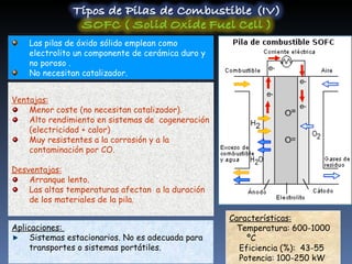 Las pilas de óxido sólido emplean como electrolito un componente de cerámica duro y no poroso . No necesitan catalizador. Características:   Temperatura: 600-1000 ºC Eficiencia (%):  43-55 Potencia: 100-250 kW Aplicaciones:  Sistemas estacionarios. No es adecuada para transportes o sistemas portátiles. Ventajas: Menor coste (no necesitan catalizador). Alto rendimiento en sistemas de  cogeneración (electricidad + calor) Muy resistentes a la corrosión y a la contaminación por CO. Desventajas: Arranque lento.  Las altas temperaturas afectan  a la duración de los materiales de la pila. 