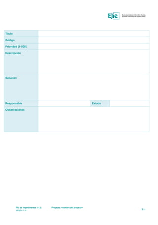 Título
Código
Prioridad [1-500]
Descripción
Solución
Responsable Estado
Observaciones
Pila de impedimentos (v1.0) Proyecto: <nombre del proyecto>
Versión n.m 5 / 5
 