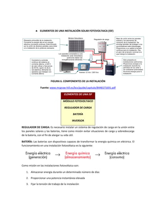  ELEMENTOS DE UNA INSTALACIÓN SOLAR FOTOVOLTAICA (ISF)
FIGURA 6. COMPONENTES DE LA INSTALACIÓN
Fuente: www.mcgraw-hill.es/bcv/guide/capitulo/8448171691.pdf
ELEMENTOS DE UNA ISF
MÓDULO FOTOVOLTAICO
REGULADOR DE CARGA
BATERÍA
INVERSOR
REGULADOR DE CARGA: Es necesario instalar un sistema de regulación de carga en la unión entre
los paneles solares y las baterías, tiene como misión evitar situaciones de carga y sobredescarga
de la batería, con el fin de alargar su vida útil.
BATERÍA: Las baterías son dispositivos capaces de transformar la energía química en eléctrica. El
funcionamiento en una instalación fotovoltaica es la siguiente:
Como misión en las instalaciones fotovoltaica son:
1. Almacenar energía durante un determinado número de días
2. Proporcionar una potencia instantánea elevada
3. Fijar la tensión de trabajo de la instalación
 