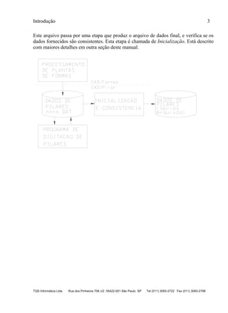 Introdução 3
TQS Informática Ltda Rua dos Pinheiros 706 c/2 05422-001 São Paulo SP Tel (011) 3083-2722 Fax (011) 3083-2798
Este arquivo passa por uma etapa que produz o arquivo de dados final, e verifica se os
dados fornecidos são consistentes. Esta etapa é chamada de Inicialização. Está descrito
com maiores detalhes em outra seção deste manual.
 