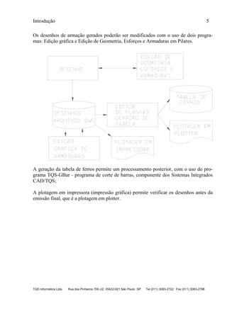 Introdução 5
TQS Informática Ltda Rua dos Pinheiros 706 c/2 05422-001 São Paulo SP Tel (011) 3083-2722 Fax (011) 3083-2798
Os desenhos de armação gerados poderão ser modificados com o uso de dois progra-
mas: Edição gráfica e Edição de Geometria, Esforços e Armaduras em Pilares.
A geração da tabela de ferros permite um processamento posterior, com o uso do pro-
grama TQS-GBar - programa de corte de barras, componente dos Sistemas Integrados
CAD/TQS;
A plotagem em impressora (impressão gráfica) permite verificar os desenhos antes da
emissão final, que é a plotagem em plotter.
 