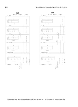 102 CAD/Pilar – Manual de Critérios de Projeto
TQS Informática Ltda Rua dos Pinheiros 706 c/2 05422-001 São Paulo SP Tel (011) 3083-2722 Fax (011) 3083-2798
20
95
90
82
TERREO 1:20
1:100
20
80
SOBRELOJA
20
80
80
1o PAV.
20
80
2o PAV.
20
80
3o PAV.
4o PAV.
P54P54P54
1
k27=1 k28=0 k39=0
20
95 90
82
TERREO 1:20 1:100
20
80
100
SOBRELOJA
20
80
80
1o PAV.
20
80
2o PAV.
20
80
3o PAV.
4o PAV.
P55P55P55
1
k27-0 k28=3 k39=0
18 ø 25
10 ø 25
10 ø 20
12 ø 20
8 ø 20
18 ø 25
10 ø 25
10 ø 20
12 ø 20
8 ø 20
8N14ø20c=398
4N12ø20c=318
8N10ø20c=400
2N9ø20c=160
10N10ø20c=400
4N7ø25c=390
6N6ø25c=492
18N3ø25c=272.5
10N1ø25c=588
8N2ø25c=486
8N15ø20c=398
8N11ø20c=400
4N13ø20c=318
2N10ø20c=160
10N11ø20c=400
4N6ø20c=200
6N7ø25c=492
4N8ø25c=390
8N2ø25c=486
10N1ø25c=588
18N3ø25c=272.5
 