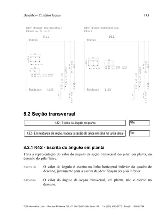 Desenho – Critérios Gerais 143
TQS Informática Ltda Rua dos Pinheiros 706 c/2 05422-001 São Paulo SP Tel (011) 3083-2722 Fax (011) 3083-2798
20
35
6 N1
N3 C/12 C=110
29 N4 C/12 C=30
6N1C=298.5
6N2C=90
50
N3N4
25C/12
N3N4
4C/12
0
1
Fundacao
Terreo
300
1:20
1:35
P11
29
18
32
17
20
35
6 N1
N3 C/12 C=110
29 N4 C/12 C=30
6N1C=298.5
6N2C=90
50
N3N4
25C/12
N3N4
4C/12
0
1
Fundacao
Terreo
300
1:20
1:35
P11
29
32
18
17
K88=[Todos-Sobrepostos]
K94=0 ou 1 ou 2
K88=[Todos-Sobrepostos]
K94=3
ø 10
ø 5
ø 5
ø10
ø10
ø5ø5
ø 10
ø 5
ø 5
ø10
ø10
ø5ø5
8.2 Seção transversal
8.2.1 K42 - Escrita do ângulo em planta
Trata a representação do valor do ângulo da seção transversal do pilar, em planta, no
desenho do pilar/lance.
K42=Sim O valor do ângulo é escrito na linha horizontal inferior do quadro de
desenho, juntamente com a escrita da identificação do piso inferior.
K42=Não O valor do ângulo da seção transversal, em planta, não é escrito no
desenho.
 