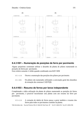 Desenho – Critérios Gerais 151
TQS Informática Ltda Rua dos Pinheiros 706 c/2 05422-001 São Paulo SP Tel (011) 3083-2722 Fax (011) 3083-2798
2O
4O
37
17
17
T2T3C/1OT2T3C/2O
TERREO
3OO
1:2O
1:35
2O
4O
37
17
17
T5T6C/15
SUPERIOR
3OO
COBERTURA
3OO
P1P1P1
2O
4O
37
17
17
TERREO
3OO
1:2O
1:35
2O
4O
37
17
17
SUPERIOR
3OO
COBERTURA
3OO
P1P1P1
(K49=0) (K49=1)
6 ø 16
17 T2 ø 6.3 c=121,
17 T3 ø 6.3 c=29
6T1ø16c=365
6ø6.311ø6.3
6 ø 12.5
19 T5 ø 5 c=118,
19 T6 ø 5 c=27
6T4ø12.5c=298.5
19ø5
6 ø 16
17 ø 6.3 c=121,
17 ø 6.3 c=29
6ø16c=365
6ø6.3C/1O11ø6.3C/2O
6 ø 12.5
19 ø 5 c=118,
19 ø 5 c=27
6ø12.5c=298.5
19ø5C/15
8.4.3 K81 – Numeração de posições de ferro por pavimento
Alguns projetistas costumam utilizar o desenho da planta de pilares numerando as
posições de ferros por pavimento.
Este critério somente é válido quando combinado com K85=SIM
K81=SIM Ocorre a numeração das posições dos pilares por pavimento.
K81=NÃO Os pilares são numerados utilizando a convenção geral dos desenhos
de armação dos sistemas CAD/TQS.
8.4.4 K93 – Resumo de ferros por lance independente
Completando a idéia utilização da planta de pilares numerando as posições de ferros
por pavimento, é possível incrementar esta planta com um resumo de ferro por
pavimento.
K93=SIM A extração de tabela de ferros passa a gerar também o resumo dos
ferros para todos os pavimentos contidos na planta.
 