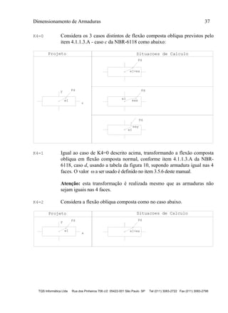 Dimensionamento de Armaduras 37
TQS Informática Ltda Rua dos Pinheiros 706 c/2 05422-001 São Paulo SP Tel (011) 3083-2722 Fax (011) 3083-2798
K4=0 Considera os 3 casos distintos de flexão composta oblíqua previstos pelo
item 4.1.1.3.A - caso c da NBR-6118 como abaixo:
x
Projeto Situacoes de Calculo
Fdy
eI
eI+ea
Fd
Fd
eI eax
Fd
eay
eI
K4=1 Igual ao caso de K4=0 descrito acima, transformando a flexão composta
oblíqua em flexão composta normal, conforme item 4.1.1.3.A da NBR-
6118, caso d, usando a tabela da figura 10, supondo armadura igual nas 4
faces. O valor  a ser usado é definido no item 3.5.6 deste manual.
Atenção: esta transformação é realizada mesmo que as armaduras não
sejam iguais nas 4 faces.
K4=2 Considera a flexão oblíqua composta como no caso abaixo.
Projeto
Fdy
eI
x
Situacoes de Calculo
Fd
eI+ea
 