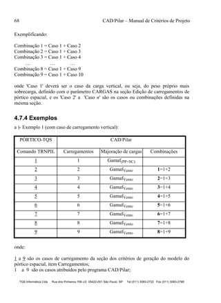 68 CAD/Pilar – Manual de Critérios de Projeto
TQS Informática Ltda Rua dos Pinheiros 706 c/2 05422-001 São Paulo SP Tel (011) 3083-2722 Fax (011) 3083-2798
Exemplificando:
Combinação 1 = Caso 1 + Caso 2
Combinação 2 = Caso 1 + Caso 3
Combinação 3 = Caso 1 + Caso 4
  
Combinação 8 = Caso 1 + Caso 9
Combinação 9 = Caso 1 + Caso 10
onde 'Caso 1' deverá ser o caso da carga vertical, ou seja, do peso próprio mais
sobrecarga, definido com o parâmetro CARGAS na seção Edição de carregamentos de
pórtico espacial, e os 'Caso 2' a 'Caso n' são os casos ou combinações definidas na
mesma seção.
4.7.4 Exemplos
a )- Exemplo 1 (com caso de carregamento vertical):
PÓRTICO-TQS CAD/Pilar
Comando TRNPIL Carregamentos Majoração de cargas Combinações
1 1 Gamaf(PP+SC)
2 2 GamafVento 1=1+2
3 3 GamafVento 2=1+3
4 4 GamafVento 3=1+4
5 5 GamafVento 4=1+5
6 6 GamafVento 5=1+6
7 7 GamafVento 6=1+7
8 8 GamafVento 7=1+8
9 9 GamafVento 8=1+9
onde:
1 a 9 são os casos de carregamento da seção dos critérios de geração do modelo do
pórtico espacial, item Carregamentos;
1 a 9 são os casos atribuídos pelo programa CAD/Pilar;
 
