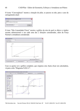 60 CAD/Pilar - Editor de Geometria, Esforços e Armaduras em Pilares
TQS Informática Ltda Rua dos Pinheiros 706 c/2 05422-001 São Paulo SP Tel (011) 3083-2722 Fax (011) 3083-2798
O ícone “Convergência” mostra a situação do pilar, se passou ou não, para o caso de
carregamento atual:
O item “Não Linearidade Física” mostra o gráfico da reta do qual se obteve a rigidez
secante adimensional  em cada uma das 2 direções consideradas, além da Força
Normal e armadnura considerada:
Caso se queira ver o gráfico completo, que originou este, basta clicar em calculadora,
vá para a aba “Diagrama N,M,1/r”:
 
