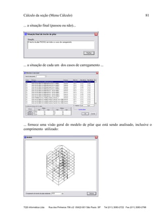 Cálculo da seção (Menu Cálculo) 81
TQS Informática Ltda Rua dos Pinheiros 706 c/2 05422-001 São Paulo SP Tel (011) 3083-2722 Fax (011) 3083-2798
... a situação final (passou ou não)...
... a situação de cada um dos casos de carregamento ...
... fornece uma visão geral do modelo de pilar que está sendo analisado, inclusive o
comprimento utilizado:
 