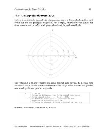 Curvas de iteração (Menu Cálculo) 99
TQS Informática Ltda Rua dos Pinheiros 706 c/2 05422-001 São Paulo SP Tel (011) 3083-2722 Fax (011) 3083-2798
11.5.1. Interpretando resultados
Embora a visualização espacial seja interessante, a maioria dos resultados prática será
obtida por uma das projeções ortogonais. Por exemplo, observando-se as curvas por
cima, teremos uma curva Mx x My para cada valor de Fz usado no cálculo:
102.9
205.8
308.7
411.6
-40 -30 -20 -10 10 20 30 40
-40-30-20-1010203040
Mx
My
Nas vistas onde o Fz aparece como uma curva de nível, cada curva de Fz é cotada para
observação dos 3 valores simultaneamente: Fz, Mx e My. Todas as vistas são geradas
com uma legenda, que pode ser suprimida:
Pilar P1
Forca normal entre 0. e 514.
Unidades de forca em tf , momentos em tfm
Esforcos no sistema do eixo principal de inercia
X
Y
Curvas de interacao com forca normal constante
Momentos na convencao vetorial
O mesmo desenho em vista frontal seria assim:
 