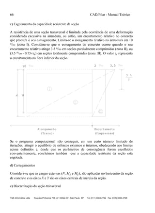 66 CAD/Pilar - Manual Teórico
TQS Informática Ltda Rua dos Pinheiros 706 c/2 05422-001 São Paulo SP Tel (011) 3083-2722 Fax (011) 3083-2798
c) Esgotamento da capacidade resistente da seção
A resistência de uma seção transversal é limitada pela ocorrência de uma deformação
considerada excessiva na armadura, ou então, um encurtamento relativo no concreto
que produza o seu esmagamento. Limita-se o alongamento relativo na armadura em 10
o/oo (zona I). Considera-se que o esmagamento do concreto ocorre quando o seu
encurtamento relativo atinge 3.5 o/oo em seções parcialmente comprimidas (zona II), ou
(3.5 o/oo - 0.75i) em seções totalmente comprimidas (zona III). O valor i representa
o encurtamento na fibra inferior da seção.
Alongamento Encurtamento
3 h
7
h
d
(Tracao) (Compressao)
10 2 3.5
Se o programa computacional não conseguir, em um certo número limitado de
iterações, atingir o equilíbrio de esforços externos e internos, obedecendo aos limites
acima definidos e, desde que os parâmetros de convergência forem escolhidos
convenientemente, concluímos também que a capacidade resistente da seção está
esgotada.
d) Carregamentos
Considera-se que as cargas externas (N, Mx e My), são aplicadas no baricentro da seção
de concreto e os eixos X e Y são os eixos centrais de inércia da seção.
e) Discretização da seção transversal
 