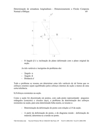 Determinação de armaduras longitudinais - Dimensionamento a Flexão Composta
Normal e Oblíqua 69
TQS Informática Ltda Rua dos Pinheiros 706 c/2 05422-001 São Paulo SP Tel (011) 3083-2722 Fax (011) 3083-2798
1
2
z
y'
G
a
d
L N
b
- O ângulo  é a inclinação do plano deformado com o plano original da
seção.
As três variáveis e incógnitas do problema são:
- Ângulo 
- Ângulo 
- Distância d
Todo o problema se resume em determinar estas três variáveis de tal forma que os
esforços externos sejam equilibrados pelos esforços internos da seção a menos de uma
certa tolerância.
b) Esforços resistentes na seção.
Como a seção foi discretizada em pontos, com cada ponto representando pequenos
retângulos (concreto) e círculos (aço), o problema da determinação dos esforços
resistentes na seção, para uma determinada linha neutra, se resume a:
- Determinação da deformação do ponto com relação a LN da seção.
- A partir da deformação do ponto, e do diagrama tensão - deformação do
material, determina-se a tensão no ponto.
 