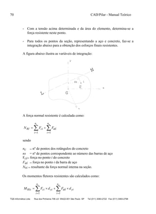 70 CAD/Pilar - Manual Teórico
TQS Informática Ltda Rua dos Pinheiros 706 c/2 05422-001 São Paulo SP Tel (011) 3083-2722 Fax (011) 3083-2798
- Com a tensão acima determinada e da área do elemento, determina-se a
força resistente neste ponto.
- Para todos os pontos da seção, representando a aço e concreto, faz-se a
integração abaixo para a obtenção dos esforços finais resistentes.
A figura abaixo ilustra as variáveis de integração:
L
N
x
y
z
G
idx
dy
A força normal resistente é calculada como:
N F FaiRI ci
i
n
i
nc a
 
 
 
1 1
sendo
nc = nº de pontos dos retângulos do concreto
ns = nº de pontos correspondente ao número das barras de aço
Fci= força no ponto i do concreto
Fai = força no ponto i da barra de aço
Nri = resultante da força normal interna na seção.
Os momentos fletores resistentes são calculados como:
M F d Fai dRIx ci
i
n
yi
i
n
yi
c a
   
 
 
1 1
 
