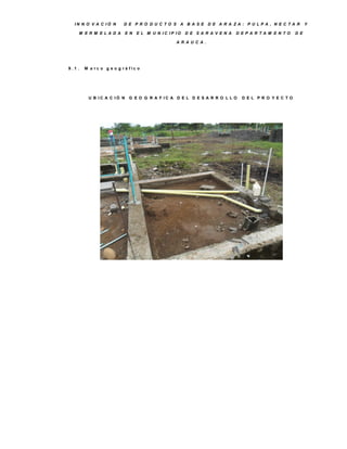 IN N O V A C IÓ N      D E P R O D U C TO S A B A S E D E A R A ZA : P U LP A , N E C TA R               Y

     M E R M E LA D A       E N   E L M U N IC IP IO   D E S A R A V E N A   D E P A R TA M E N TO    D E

                                                  A R A U C A .




9 .1 .   M a rc o g e o g rá fic o




          U B IC A C IÓ N    G E O G R A F IC A D E L D E S A R R O L L O      D E L P R O Y E C TO
 