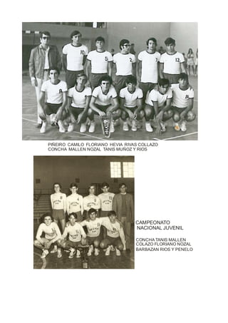 PIÑEIRO CAMILO FLORIANO HEVIA RIVAS COLLAZO
CONCHA MALLEN NOZAL TANIS MUÑOZ Y RIOS
CONCHA TANIS MALLEN
COLAZO FLORIANO NOZAL
BARBAZAN RIOS Y PENELO
CAMPEONATO
NACIONAL JUVENIL
 