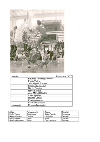 plantilla Temporada 76/77
Eduardo Fernández-Arroyo
Emilio Vallina
José Miguel Fuentes
Floriano Fernández
Nando Fuentes
Ramon Alfaya
José Manuel Hidalgo
Víctor Iglesias
Ricardo Collazo
Esteban Fuentes
Serafin Guimerans
entrenador Floriano Fernández
Altas Procedencia Bajas Destino
Emilio Vallina Covadonga Carlos Falagán Bomberos
Nando Fuentes Cantera Luis Nuñoz Retirado
Ramón Alfaya Aldan Simal Retirado
Serafín Guimerans Aldan Pedro Arquero Retirado
 