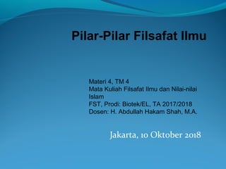 Jakarta, 10 Oktober 2018
Pilar-Pilar Filsafat Ilmu
Materi 4, TM 4
Mata Kuliah Filsafat Ilmu dan Nilai-nilai
Islam
FST, Prodi: Biotek/EL, TA 2017/2018
Dosen: H. Abdullah Hakam Shah, M.A.
 