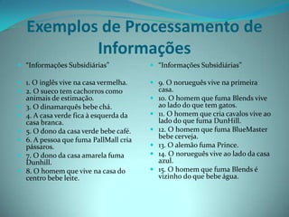 Exemplos de Processamento de Informações “Informações Subsidiárias” 1. O inglês vive na casa vermelha. 2. O sueco tem cachorros como animais de estimação. 3. O dinamarquês bebe chá. 4. A casa verde fica à esquerda da casa branca. 5. O dono da casa verde bebe café. 6. A pessoa que fuma PallMall cria pássaros. 7. O dono da casa amarela fuma Dunhill. 8. O homem que vive na casa do centro bebe leite. “Informações Subsidiárias” 9. O norueguês vive na primeira casa. 10. O homem que fuma Blends vive ao lado do que tem gatos. 11. O homem que cria cavalos vive ao lado do que fuma DunHill. 12. O homem que fuma BlueMaster bebe cerveja. 13. O alemão fuma Prince. 14. O norueguês vive ao lado da casa azul. 15. O homem que fuma Blends é vizinho do que bebe água. 