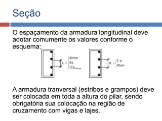 Seção
O espaçamento da armadura longitudinal deve
adotar comumente os valores conforme o
esquema:

A armadura tranversal (estribos e grampos) deve
ser colocada em toda a altura do pilar, sendo
obrigatória sua colocação na região de
cruzamento com vigas e lajes.

 