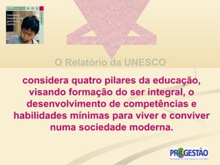 O Relatório da UNESCO
considera quatro pilares da educação,
visando formação do ser integral, o
desenvolvimento de competências e
habilidades mínimas para viver e conviver
numa sociedade moderna.
 