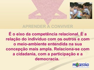 APRENDER A CONVIVER
É o eixo da competência relacional. É a
relação do indivíduo com os outros e com
o meio-ambiente entendida na sua
concepção mais ampla. Relaciona-se com
a cidadania, com a participação e a
democracia.
 