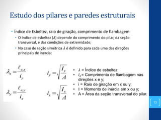 Estudo dos pilares e paredes estruturais
• Índice de Esbeltez, raio de giração, comprimento de flambagem
• O índice de esbeltez (𝜆) depende do comprimento do pilar, da seção
transversal, e das condições de extremidade;
• No caso de seção simétrica 𝜆 é definido para cada uma das direções
principais de inércia:
13
• 𝜆 = Índice de esbeltez
• 𝑙 𝑒= Comprimento de flambagem nas
direções x e y;
• i = Raio de giração em x ou y;
• I = Momento de inércia em x ou y;
• A = Área da seção transversal do pilar.
 