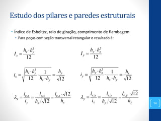 Estudo dos pilares e paredes estruturais
• Índice de Esbeltez, raio de giração, comprimento de flambagem
• Para peças com seção transversal retangular o resultado é:
14
3
3
, , ,
12
1
12 12
12
12
x y
x
x y y
x
x y
e x e x e x
x
y xx
h h
I
h h h
i
h h
l l l
i hh






  

 
3
3
,y ,y ,y
12
1
12 12
12
12
y x
y
y x x
y
x y
e e e
y
x yy
h h
I
h h h
i
h h
l l l
i hh






  

 
 