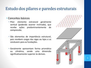 Estudo dos pilares e paredes estruturais
• Conceitos básicos
• Pilar: elemento estrutural geralmente
vertical (podendo ocorrer inclinado), que
recebe ações predominantemente de
compressão.
• São elementos de importância estrutural,
pois recebem cargas das vigas ou lajes e as
conduzem para as fundações.
• Geralmente apresentam forma prismática
ou cilíndrica, sendo uma dimensão
significativamente superior às demais.
5
 