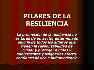 PILARES DE LA RESILIENCIA La promoción de la resiliencia no es tarea de un sector determinado sino la de todos los adultos que tienen la responsabilidad de cuidar y proteger a niños y adolescentes y asignarles afecto, confianza básica   e independencia 