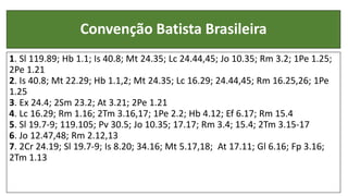 Convenção Batista Brasileira
1. Sl 119.89; Hb 1.1; Is 40.8; Mt 24.35; Lc 24.44,45; Jo 10.35; Rm 3.2; 1Pe 1.25;
2Pe 1.21
2. Is 40.8; Mt 22.29; Hb 1.1,2; Mt 24.35; Lc 16.29; 24.44,45; Rm 16.25,26; 1Pe
1.25
3. Ex 24.4; 2Sm 23.2; At 3.21; 2Pe 1.21
4. Lc 16.29; Rm 1.16; 2Tm 3.16,17; 1Pe 2.2; Hb 4.12; Ef 6.17; Rm 15.4
5. Sl 19.7-9; 119.105; Pv 30.5; Jo 10.35; 17.17; Rm 3.4; 15.4; 2Tm 3.15-17
6. Jo 12.47,48; Rm 2.12,13
7. 2Cr 24.19; Sl 19.7-9; Is 8.20; 34.16; Mt 5.17,18; At 17.11; Gl 6.16; Fp 3.16;
2Tm 1.13
 