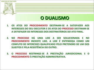 O DUALISMO
1.

OS ATOS DO PROCEDIMENTO DESTINAM-SE A SATISFAZER AOS
INTERESSES DO SEU EXECUTOR E OS ATOS DO PROCESSO DESTINAM-SE
A SATISFAZER OS INTERESSES DOS DESTINATÁRIOS DO ATO FINAL.

2.

NO PROCESSO HÁ UMA LIDE A SER SOLUCIONADA E NO
PROCEDIMENTO INEXISTE LIDE. A LIDE É ENTENDIDA COMO UM
CONFLITO DE INTERESSES QUALIFICADO PELO PRETENSÃO DE UM DOS
SUJEITOS E PELA RESISTÊNCIA DO OUTRO.

3.

O PROCESSO RESTRINGE-SE À PRESTAÇÃO JURISDICIONAL E O
PROCEDIMENTO À PRESTAÇÃO ADMINISTRATIVA.

 