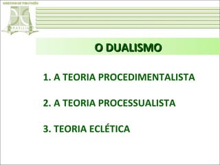 O DUALISMO
1. A TEORIA PROCEDIMENTALISTA
2. A TEORIA PROCESSUALISTA
3. TEORIA ECLÉTICA

 