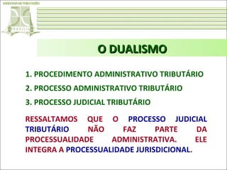 O DUALISMO
1. PROCEDIMENTO ADMINISTRATIVO TRIBUTÁRIO
2. PROCESSO ADMINISTRATIVO TRIBUTÁRIO
3. PROCESSO JUDICIAL TRIBUTÁRIO
RESSALTAMOS QUE O PROCESSO JUDICIAL
TRIBUTÁRIO
NÃO
FAZ
PARTE
DA
PROCESSUALIDADE
ADMINISTRATIVA.
ELE
INTEGRA A PROCESSUALIDADE JURISDICIONAL.

 
