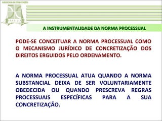A INSTRUMENTALIDADE DA NORMA PROCESSUAL

PODE-SE CONCEITUAR A NORMA PROCESSUAL COMO
O MECANISMO JURÍDICO DE CONCRETIZAÇÃO DOS
DIREITOS ERGUIDOS PELO ORDENAMENTO.

A NORMA PROCESSUAL ATUA QUANDO A NORMA
SUBSTANCIAL DEIXA DE SER VOLUNTARIAMENTE
OBEDECIDA OU QUANDO PRESCREVA REGRAS
PROCESSUAIS
ESPECÍFICAS
PARA
A
SUA
CONCRETIZAÇÃO.

 