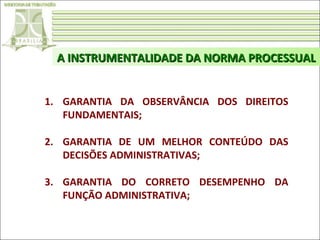 A INSTRUMENTALIDADE DA NORMA PROCESSUAL
1. GARANTIA DA OBSERVÂNCIA DOS DIREITOS
FUNDAMENTAIS;
2. GARANTIA DE UM MELHOR CONTEÚDO DAS
DECISÕES ADMINISTRATIVAS;
3. GARANTIA DO CORRETO DESEMPENHO DA
FUNÇÃO ADMINISTRATIVA;

 