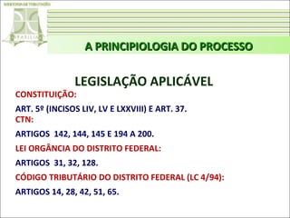A PRINCIPIOLOGIA DO PROCESSO

LEGISLAÇÃO APLICÁVEL

CONSTITUIÇÃO:

ART. 5º (INCISOS LIV, LV E LXXVIII) E ART. 37.
CTN:
ARTIGOS 142, 144, 145 E 194 A 200.
LEI ORGÂNCIA DO DISTRITO FEDERAL:
ARTIGOS 31, 32, 128.
CÓDIGO TRIBUTÁRIO DO DISTRITO FEDERAL (LC 4/94):
ARTIGOS 14, 28, 42, 51, 65.

 